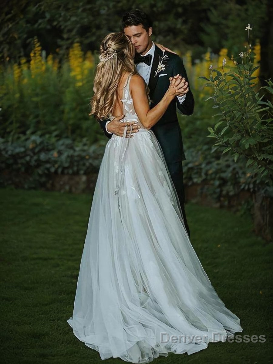 A-Line/Princess V-neck Sweep Train Lace Wedding Dresses With Belt/Sash Secondary image