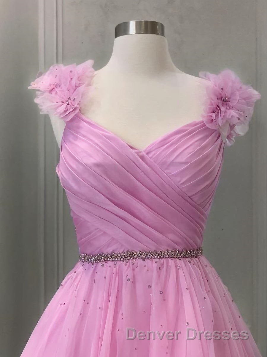 A-Line/Princess V-neck Sweep Train Organza Prom Dress With Ruffles