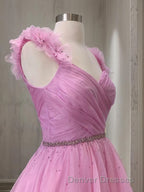 A-Line/Princess V-neck Sweep Train Organza Prom Dress With Ruffles