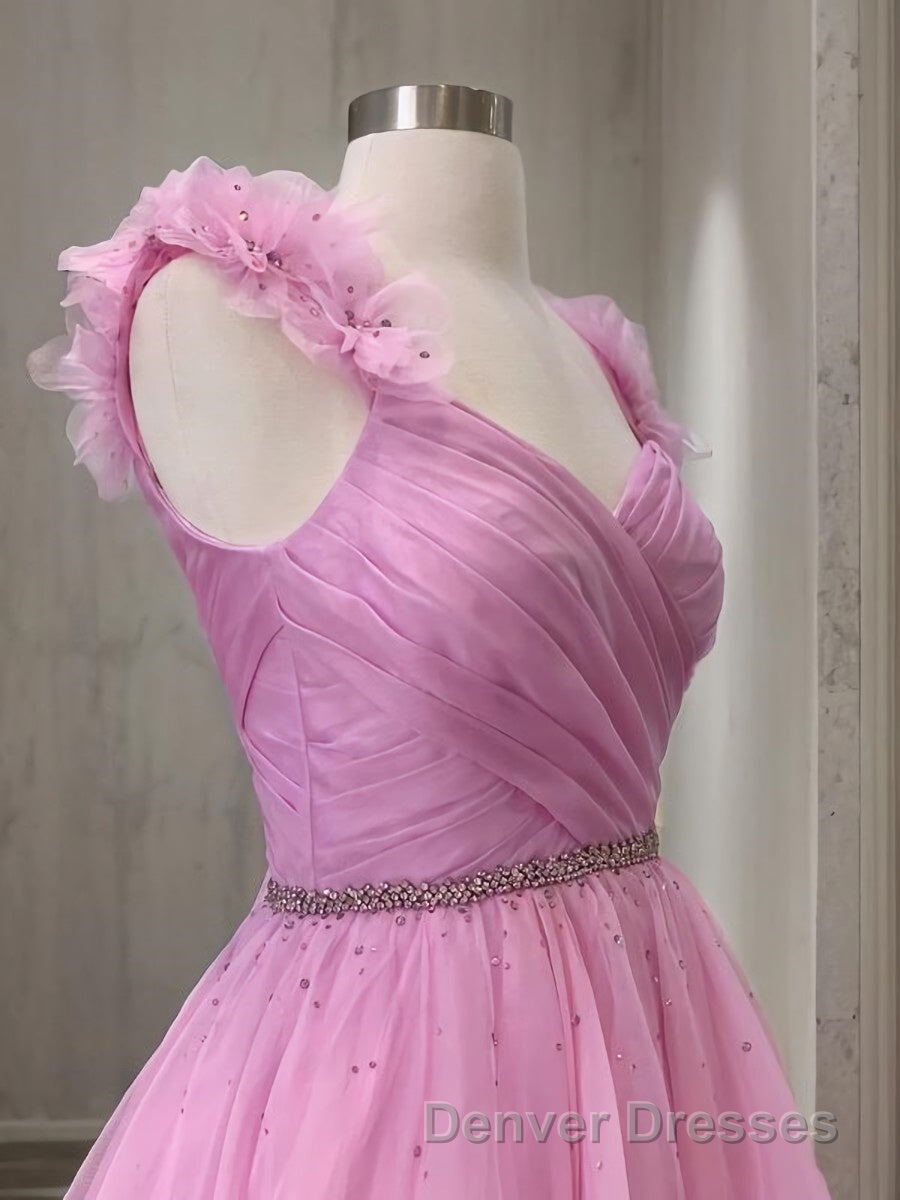 A-Line/Princess V-neck Sweep Train Organza Prom Dress With Ruffles
