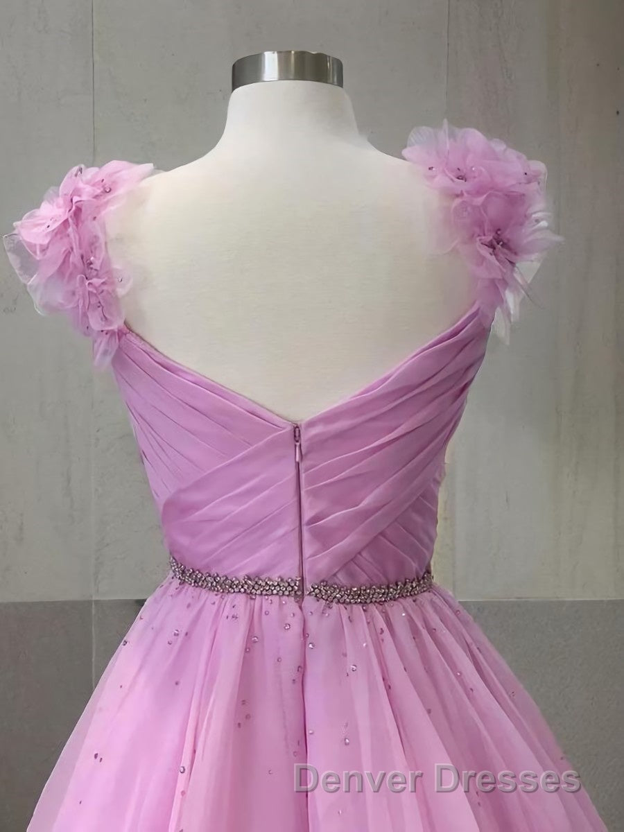 A-Line/Princess V-neck Sweep Train Organza Prom Dress With Ruffles