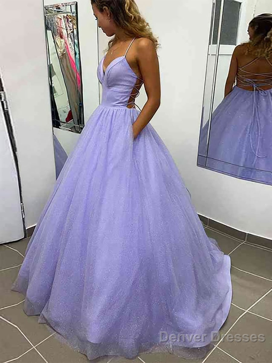 A-Line/Princess V-neck Sweep Train Prom Dresses With Pockets Main image