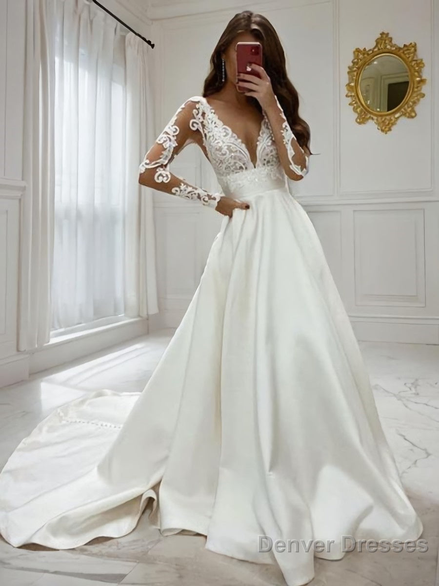 A-Line/Princess V-neck Sweep Train Satin Wedding Dresses Main image