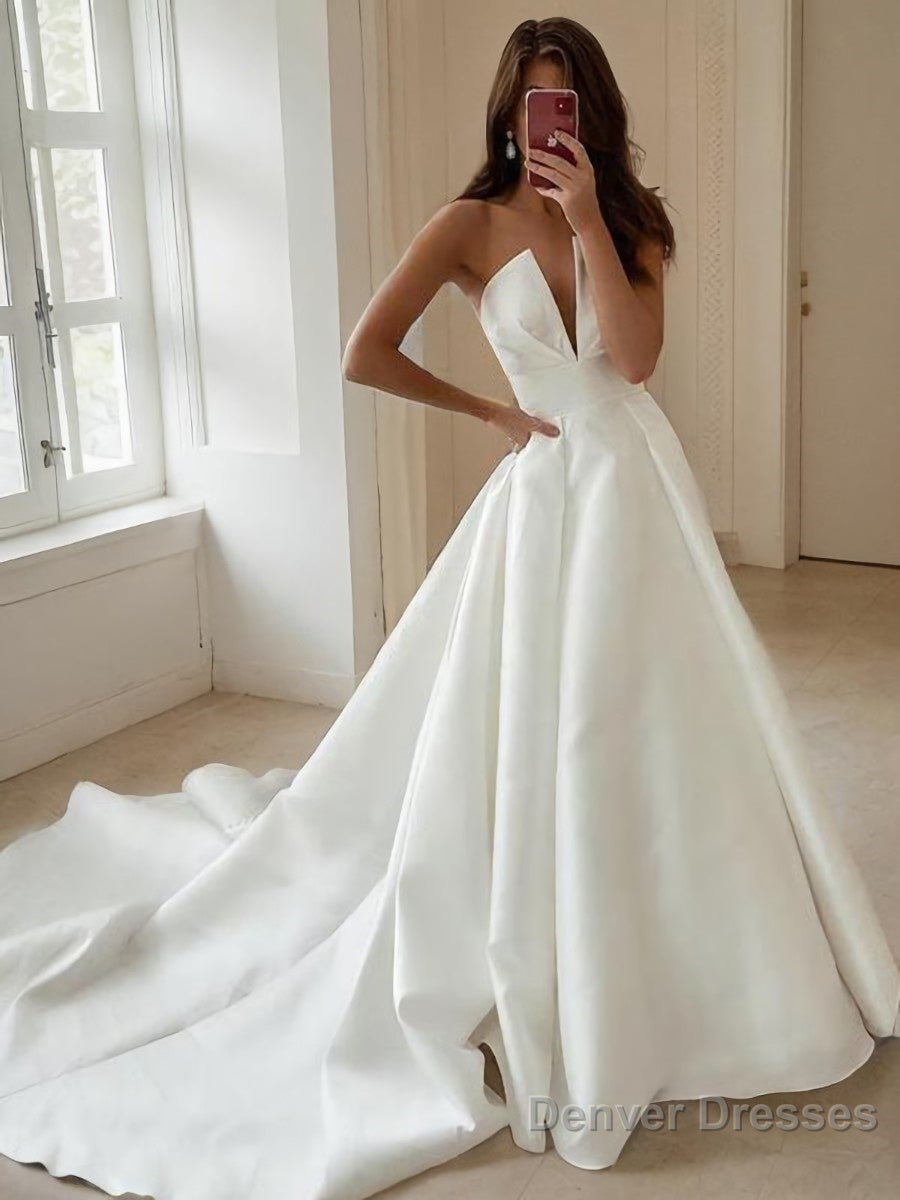 A-Line/Princess V-neck Sweep Train Satin Wedding Dresses Main image