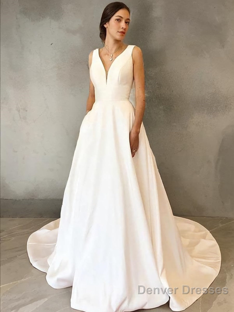 A-Line/Princess V-neck Sweep Train Satin Wedding Dresses Main image