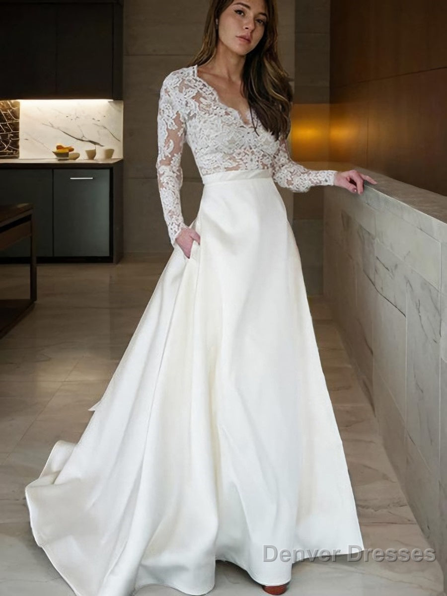 A-Line/Princess V-neck Sweep Train Satin Wedding Dresses With Appliques Lace Main image
