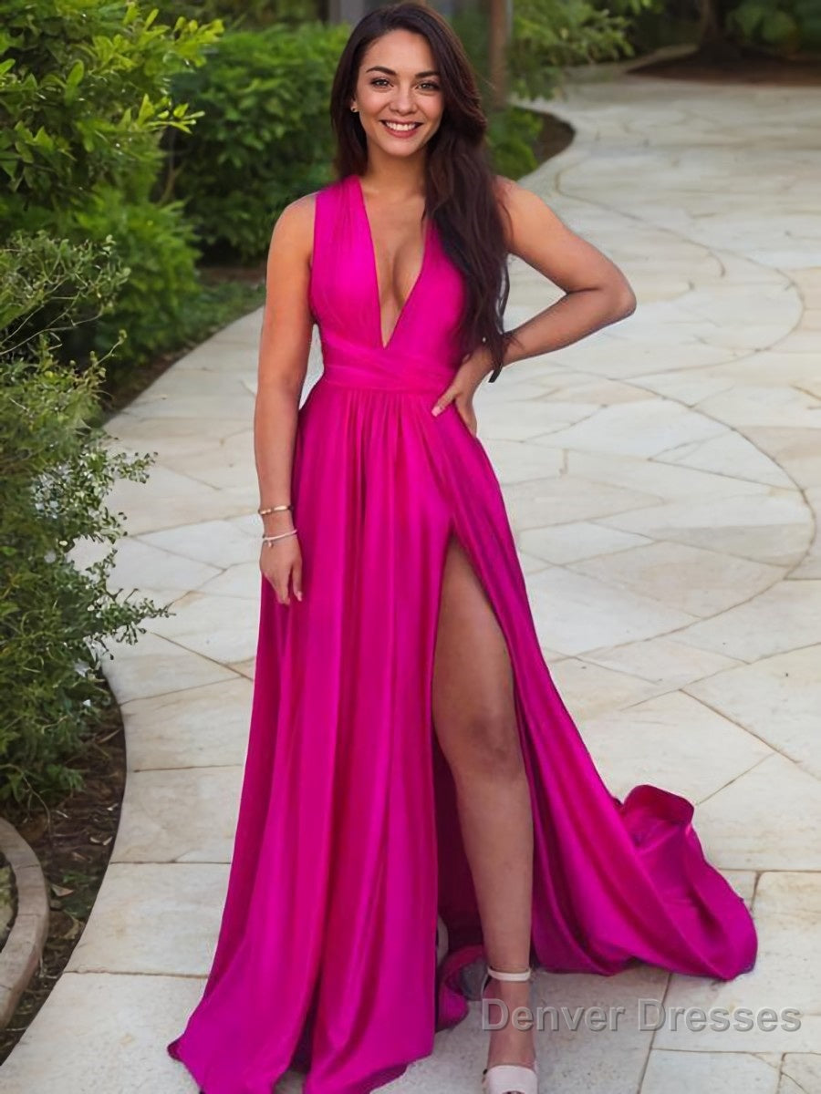 A-Line/Princess V-neck Sweep Train Silk like Satin Prom Dresses With Leg Slit Main image