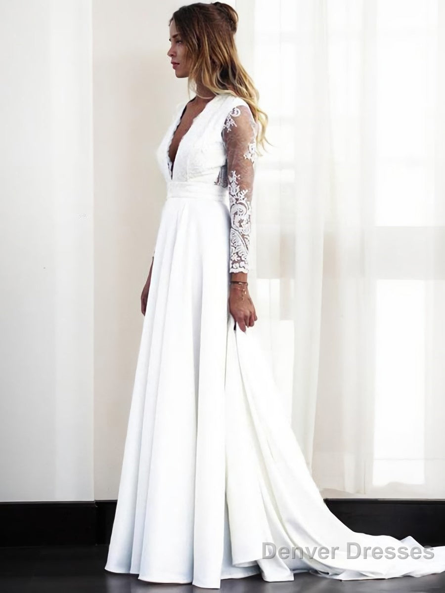 A-Line/Princess V-neck Sweep Train Stretch Crepe Wedding Dresses Main image
