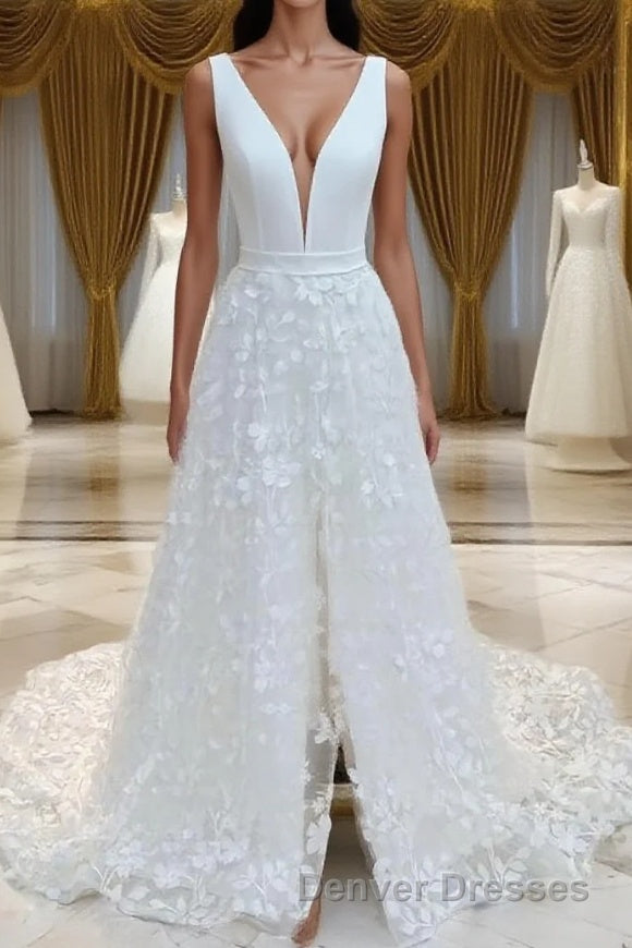 A-Line/Princess V-neck Sweep Train Stretch Crepe Wedding Dress With Leg Slit Main image