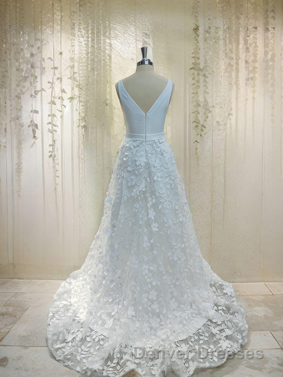 A-Line/Princess V-neck Sweep Train Stretch Crepe Wedding Dress With Leg Slit Secondary image