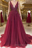 A-Line/Princess V-neck Sweep Train Tulle Evening Dress With Ruffles