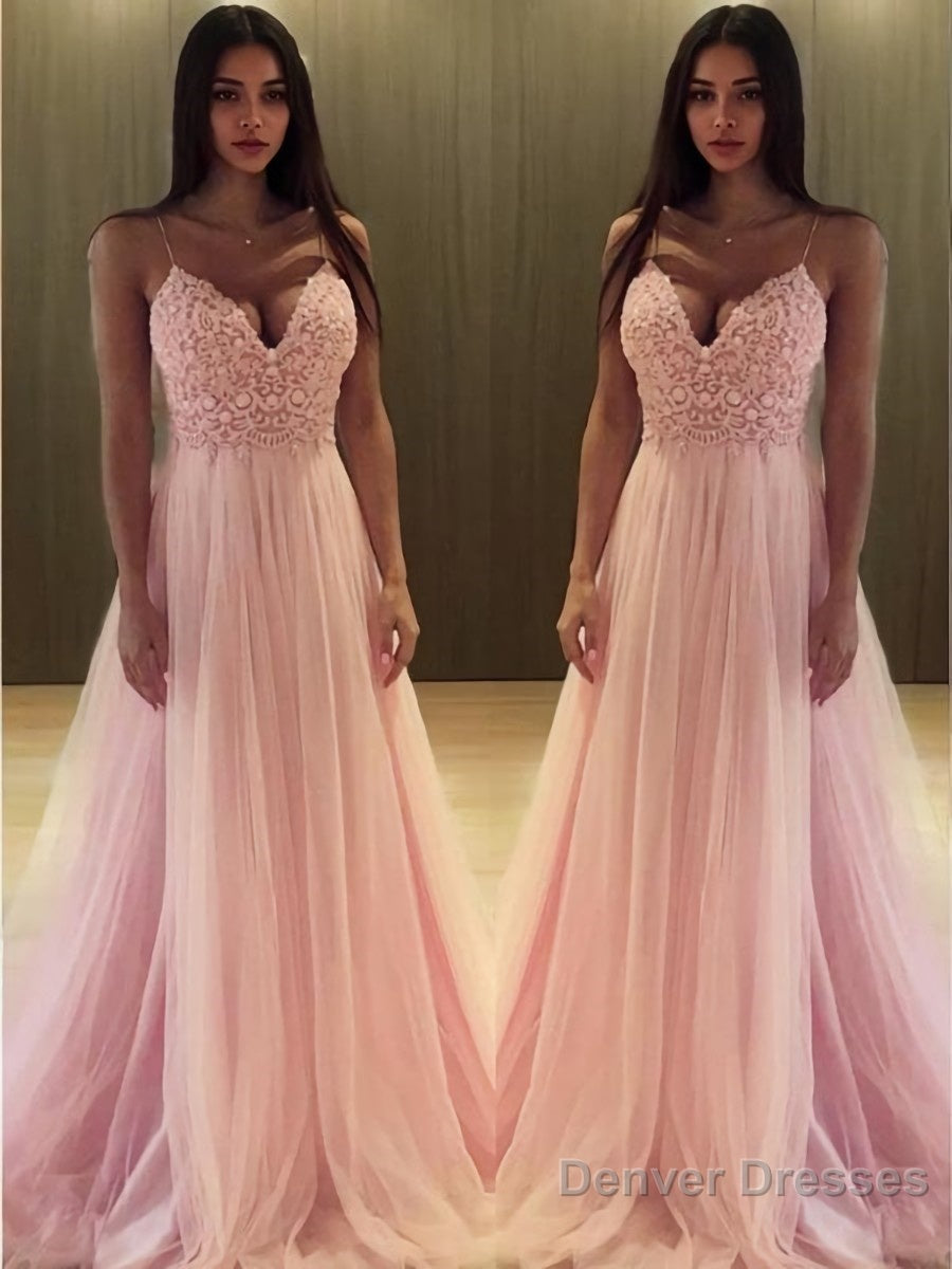 A-Line/Princess V-neck Sweep Train Tulle Prom Dresses Main image