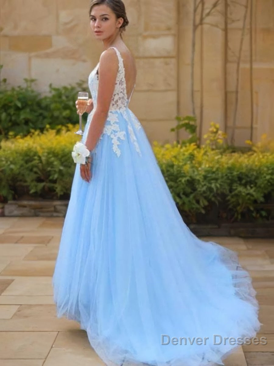 A-Line/Princess V-neck Sweep Train Tulle Prom Dresses With Appliques Lace Secondary image