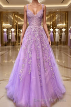 A-Line/Princess V-neck Sweep Train Tulle Prom Dress With Appliques Lace