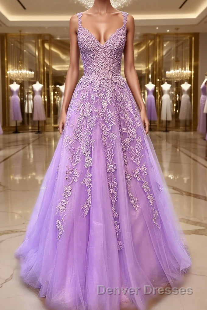 A-Line/Princess V-neck Sweep Train Tulle Prom Dress With Appliques Lace Main image