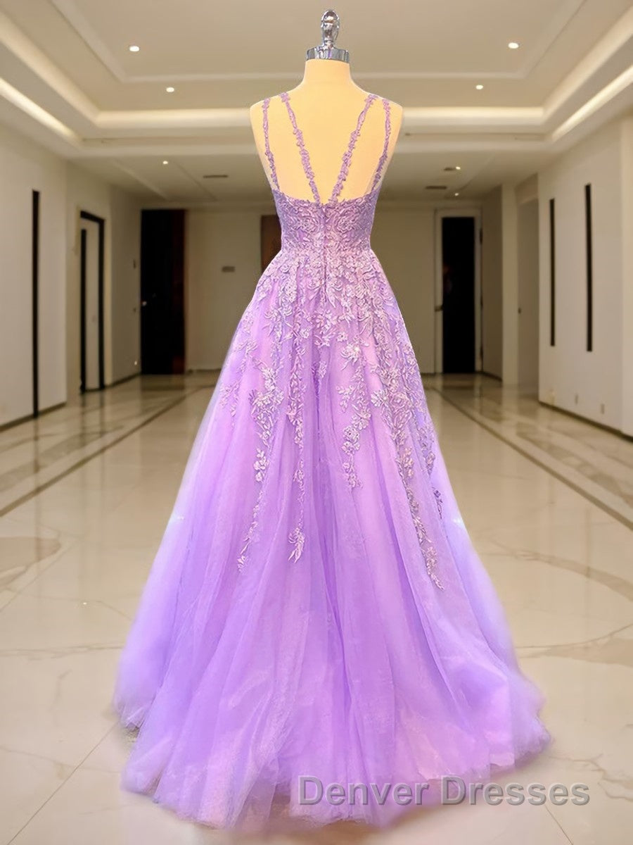A-Line/Princess V-neck Sweep Train Tulle Prom Dress With Appliques Lace