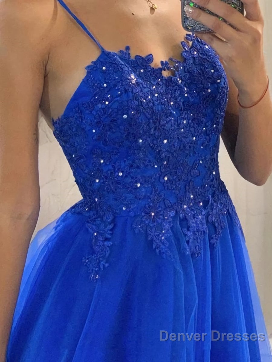 A-Line/Princess V-neck Sweep Train Tulle Prom Dresses With Appliques Lace Secondary image