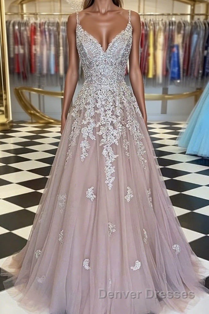 A-Line/Princess V-neck Sweep Train Tulle Prom Dress With Appliques Lace Main image
