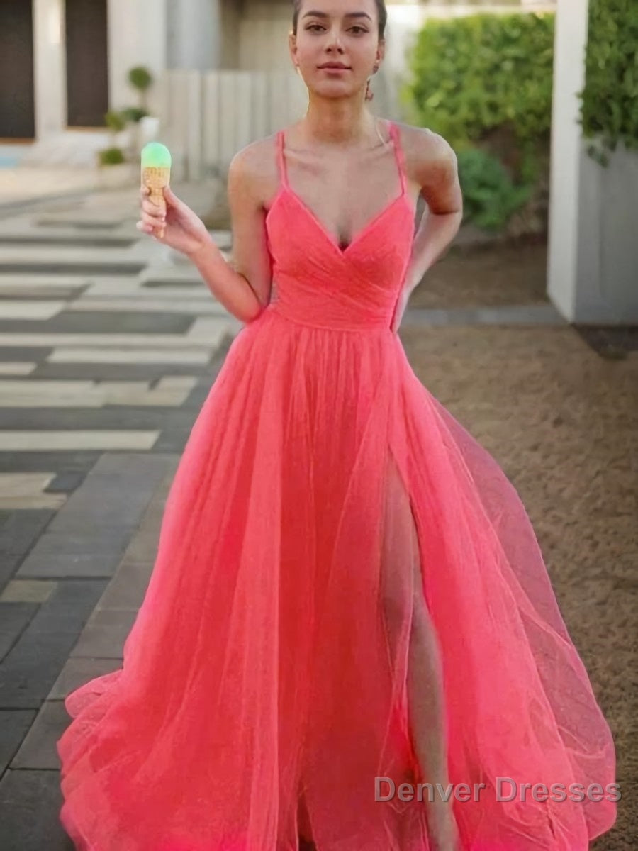 A-Line/Princess V-neck Sweep Train Tulle Prom Dresses With Leg Slit Main image