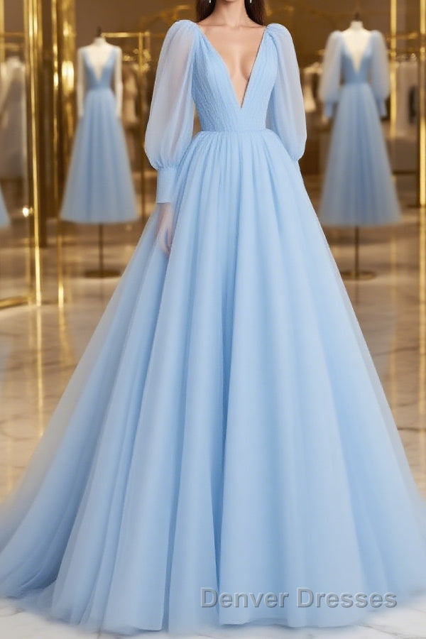 A-Line/Princess V-neck Sweep Train Tulle Prom Dress With Ruffles