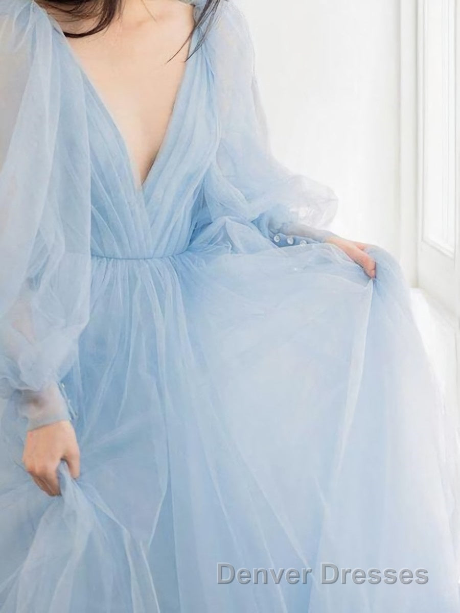 A-Line/Princess V-neck Sweep Train Tulle Prom Dress With Ruffles Secondary image
