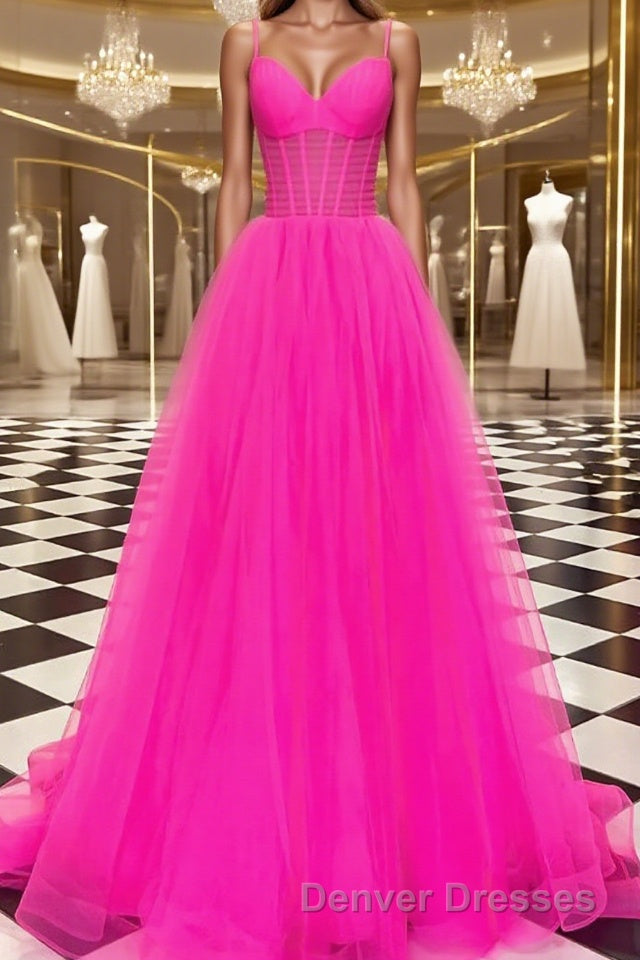 A-Line/Princess V-neck Sweep Train Tulle Prom Dress With Ruffles