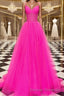 A-Line/Princess V-neck Sweep Train Tulle Prom Dress With Ruffles