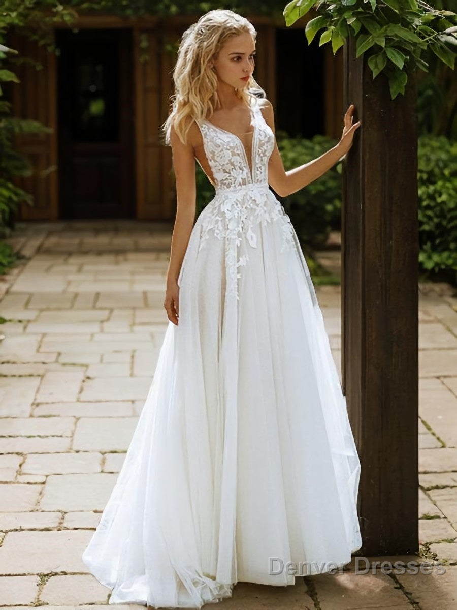 A-Line/Princess V-neck Sweep Train Tulle Wedding Dresses Main image