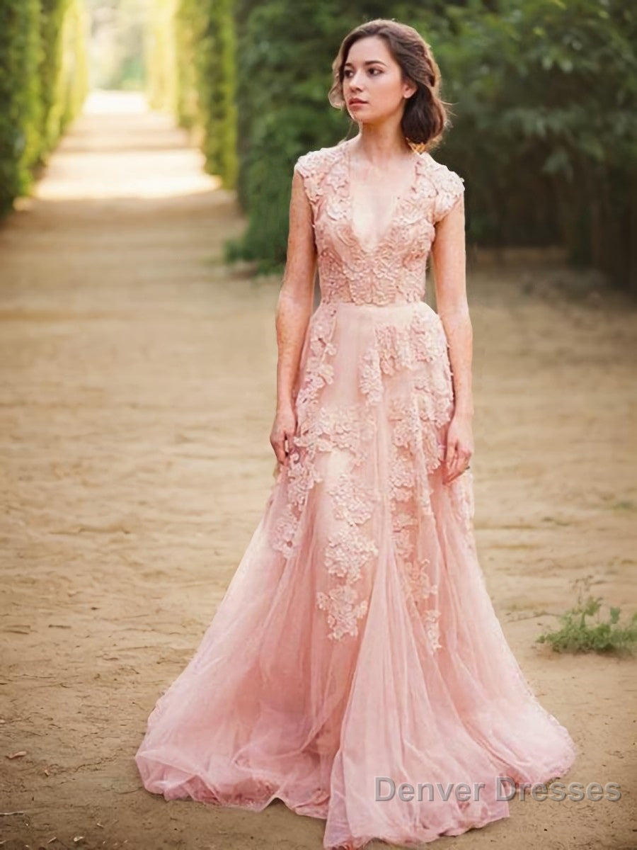 A-Line/Princess V-neck Sweep Train Tulle Wedding Dresses With Appliques Lace Main image