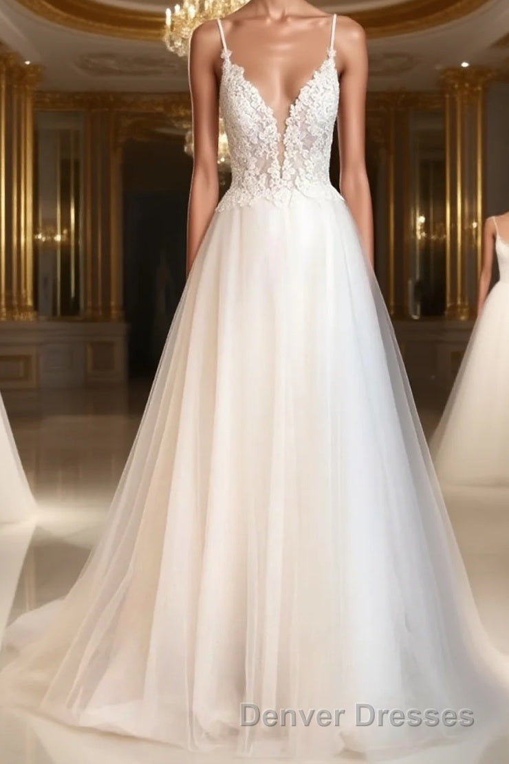 A-Line/Princess V-neck Sweep Train Tulle Wedding Dress With Appliques Lace Main image