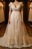A-Line/Princess V-neck Sweep Train Tulle Wedding Dress With Beading
