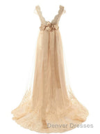 A-Line/Princess V-neck Sweep Train Tulle Wedding Dress With Beading