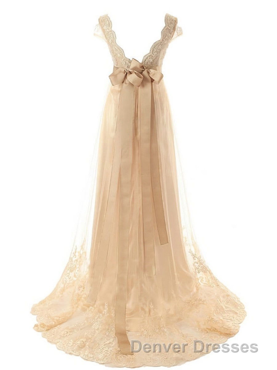A-Line/Princess V-neck Sweep Train Tulle Wedding Dress With Beading