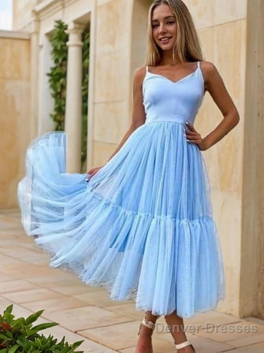 A-Line/Princess V-neck Tea-Length Tulle Homecoming Dresses With Pleated