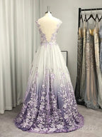 A-Line/Princess V-Neck Tulle Applique Sleeveless Floor-Length Prom Dress