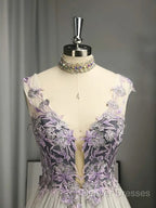 A-Line/Princess V-Neck Tulle Applique Sleeveless Floor-Length Prom Dress