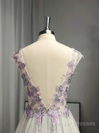 A-Line/Princess V-Neck Tulle Applique Sleeveless Floor-Length Prom Dress