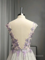 A-Line/Princess V-Neck Tulle Applique Sleeveless Floor-Length Prom Dress