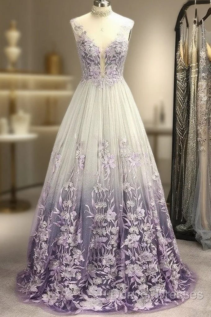 A-Line/Princess V-Neck Tulle Applique Sleeveless Floor-Length Prom Dress