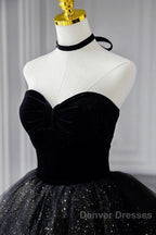 A-Line Prom Dress Black Dress Dress Formal Birthday Floor Length Sleeveless Strapless Tulle With Ruched Sequin