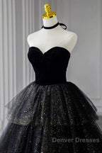 A-Line Prom Dress Black Dress Dress Formal Birthday Floor Length Sleeveless Strapless Tulle With Ruched Sequin