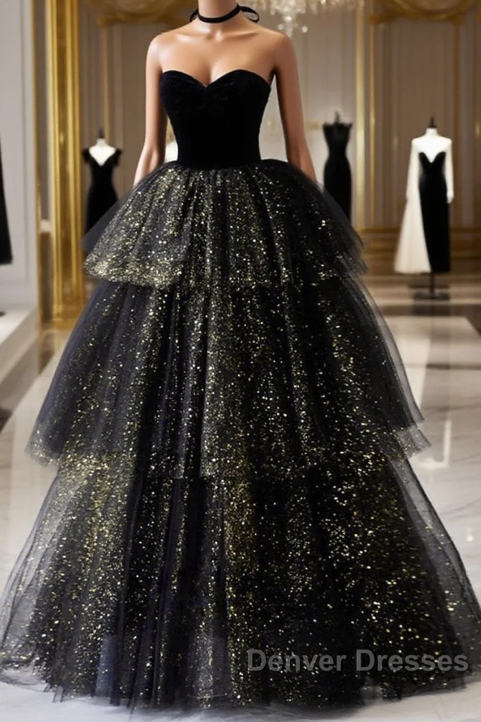 A-Line Prom Dress Black Dress Dress Formal Birthday Floor Length Sleeveless Strapless Tulle With Ruched Sequin