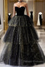 A-Line Prom Dress Black Dress Dress Formal Birthday Floor Length Sleeveless Strapless Tulle With Ruched Sequin