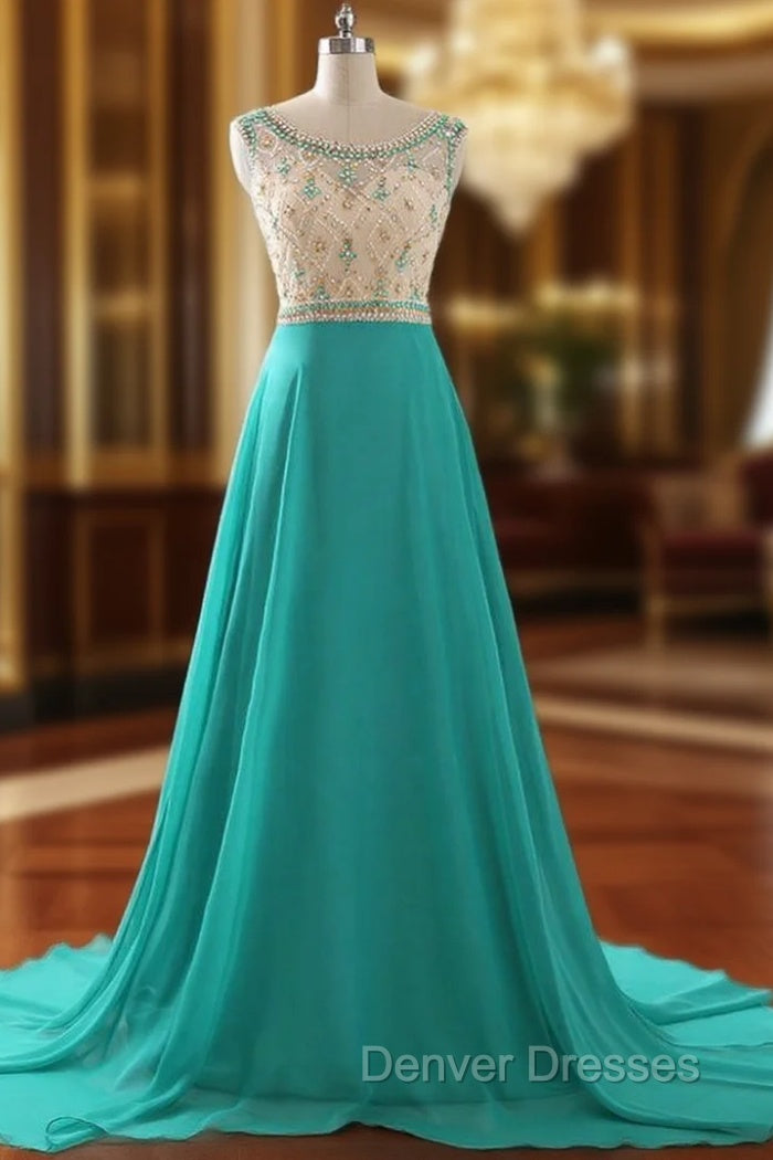 A Line Prom Dress Chiffon Evening Dress Illusion Sparkly Beading Bodice Prom Dress Main image
