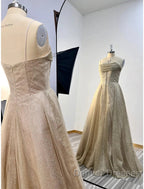 A-Line Prom Dress Corsets Dress Wedding Party Sweep / Brush Train Sleeveless Spaghetti Strap Tulle With Glitter Pleats