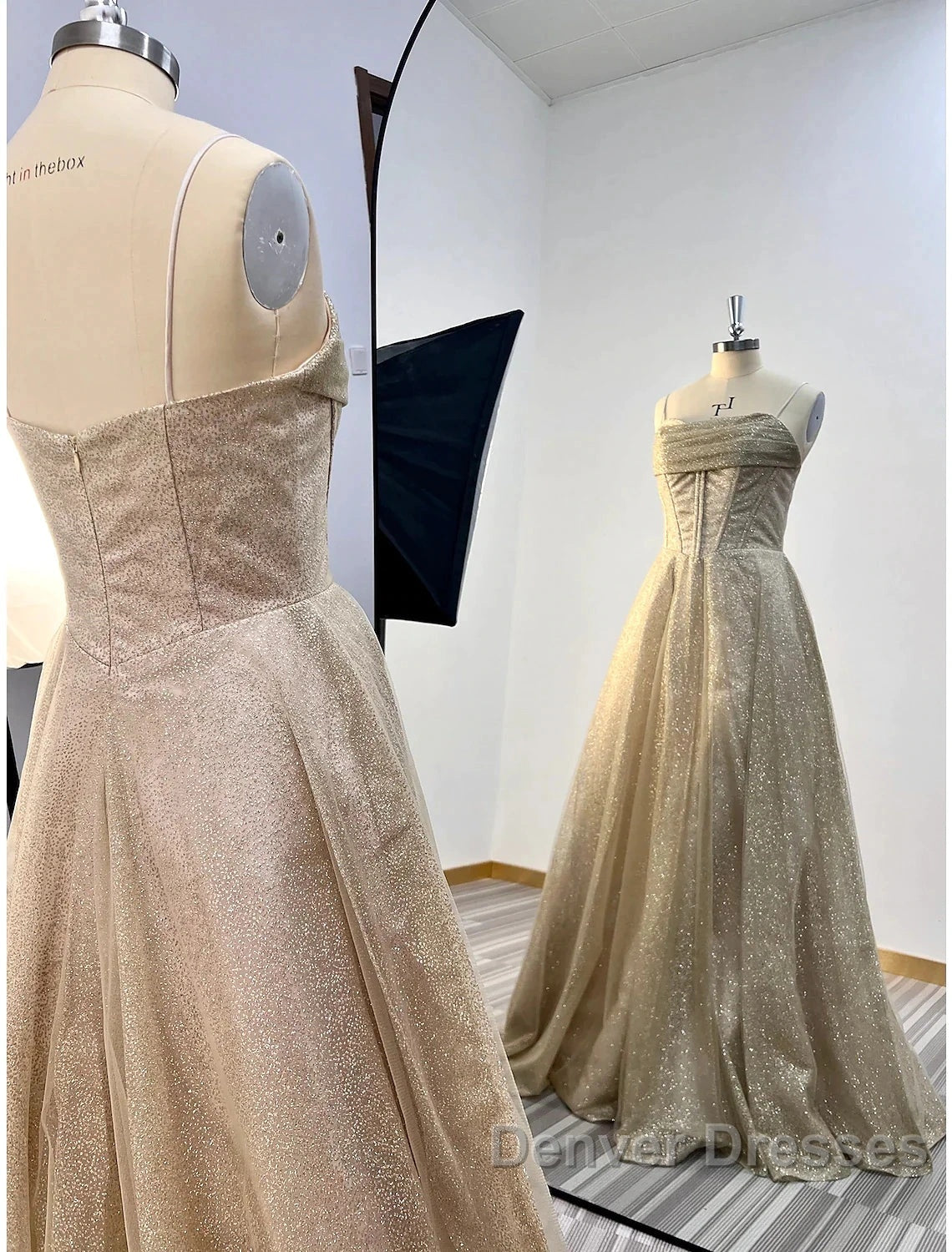 A-Line Prom Dress Corsets Dress Wedding Party Sweep / Brush Train Sleeveless Spaghetti Strap Tulle With Glitter Pleats