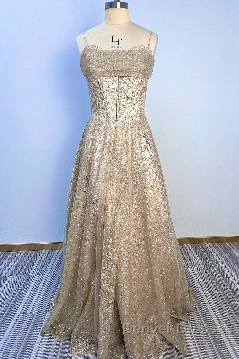 A-Line Prom Dress Corsets Dress Wedding Party Sweep / Brush Train Sleeveless Spaghetti Strap Tulle With Glitter Pleats