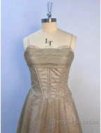 A-Line Prom Dress Corsets Dress Wedding Party Sweep / Brush Train Sleeveless Spaghetti Strap Tulle With Glitter Pleats
