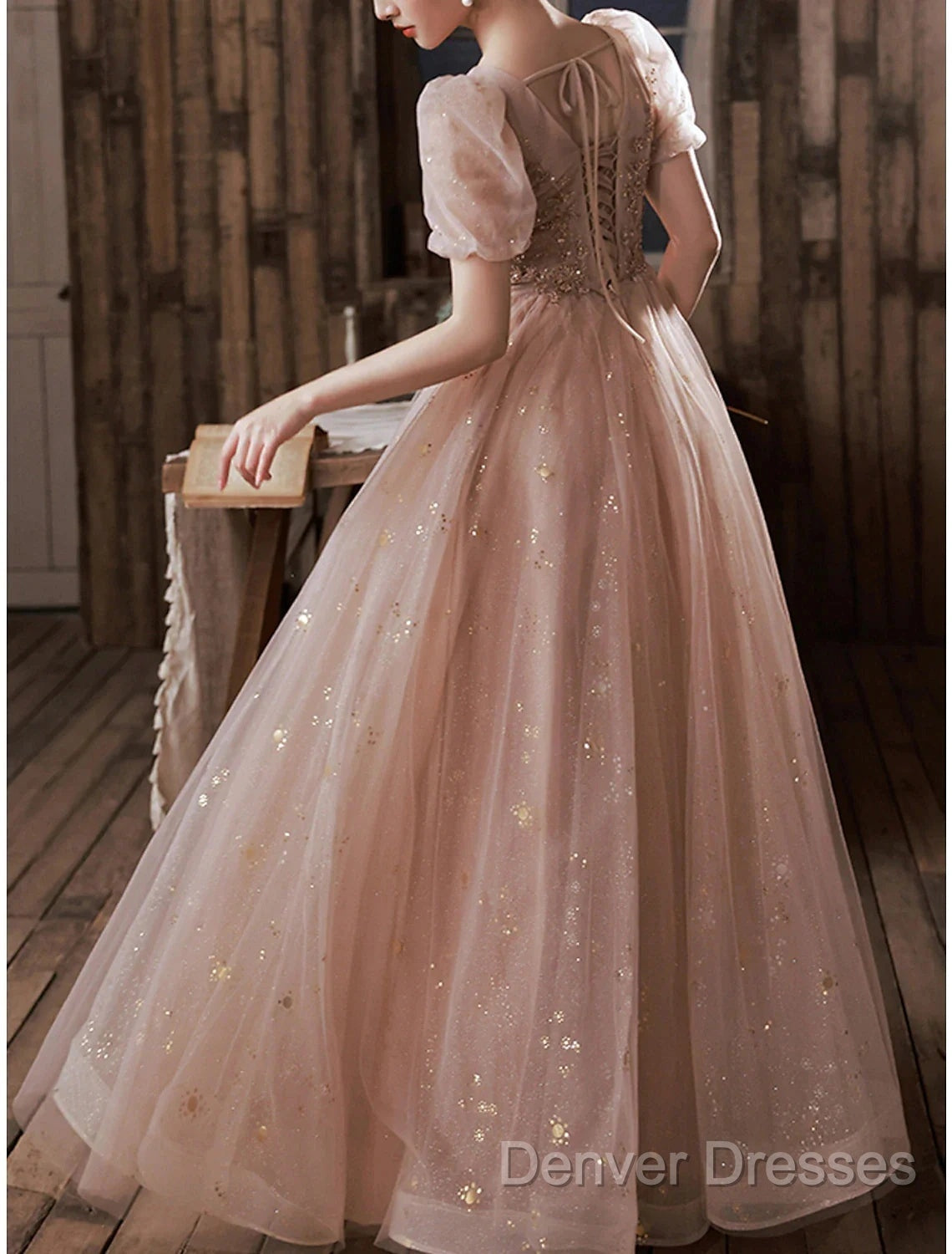 A-Line Prom Dress Elegant Dress Engagement Prom Floor Length Half Sleeve Square Neck Satin With Appliques Secondary image
