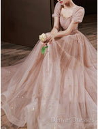 A-Line Prom Dress Elegant Dress Engagement Prom Floor Length Half Sleeve Square Neck Satin With Appliques